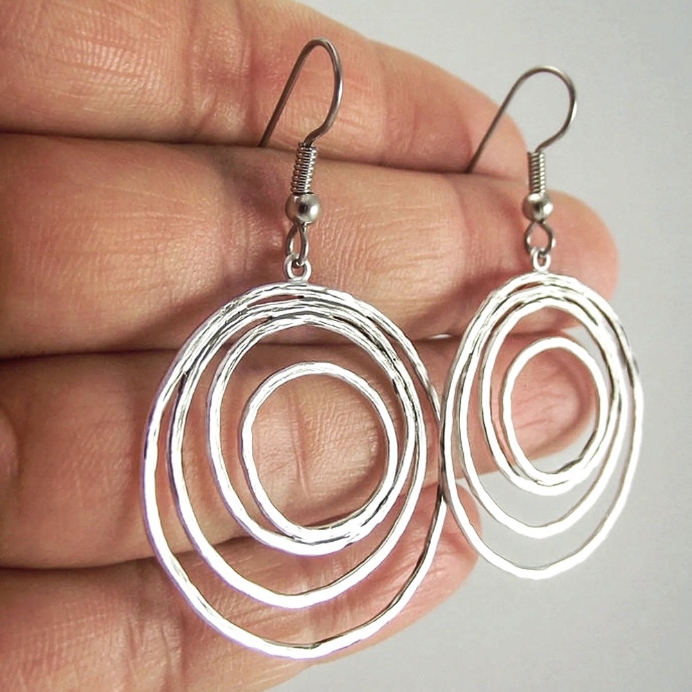 Any 2/$20! Silver Concentric Circle Boho Drop Earrings - Picture 4 of 7